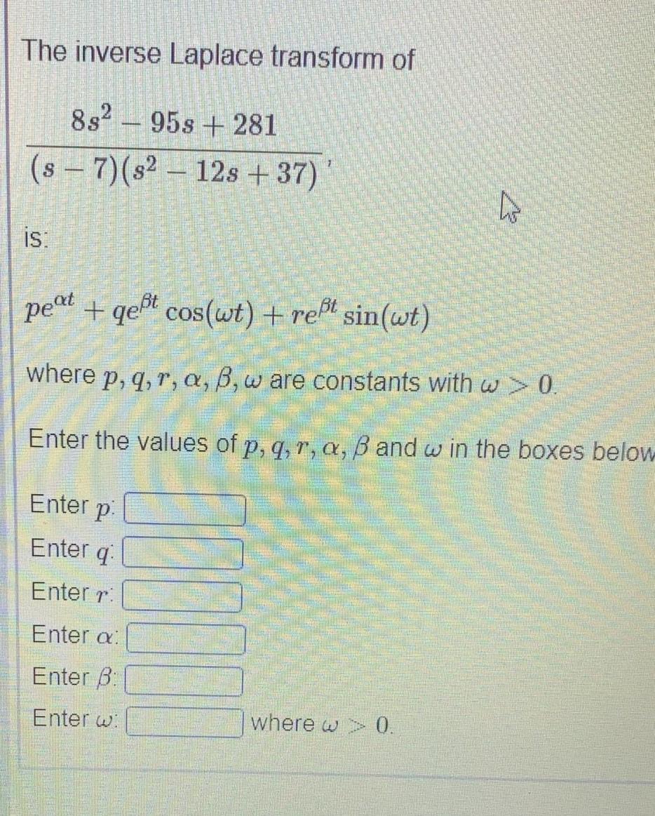 Solved The Inverse Laplace Transform Of 8 958 281 Chegg Com