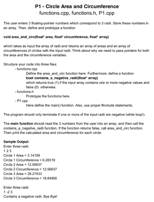 Solved P1 Circle Area and Circumference functions.cpp, | Chegg.com