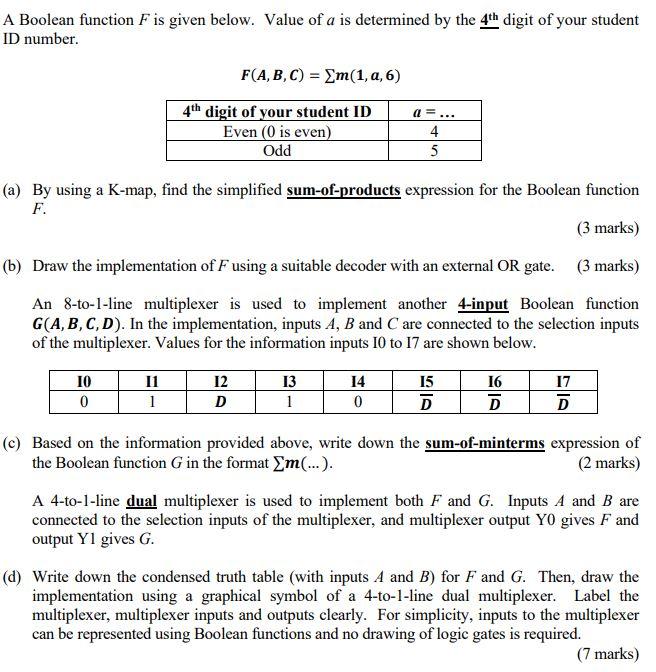 Solved A Boolean function F is given below. Value of a is Chegg