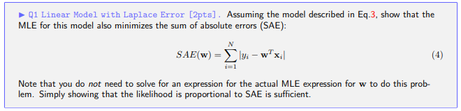 Solved Q1 Linear Model with Laplace Error [2pts]. Assuming | Chegg.com