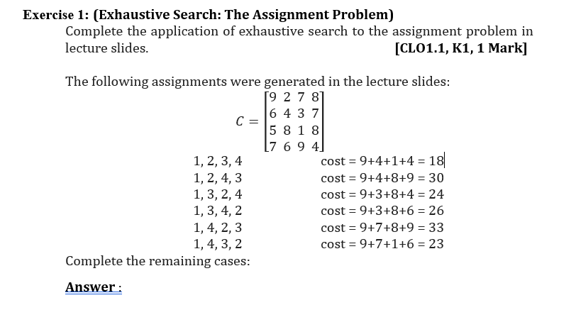 assignment problem by exhaustive search