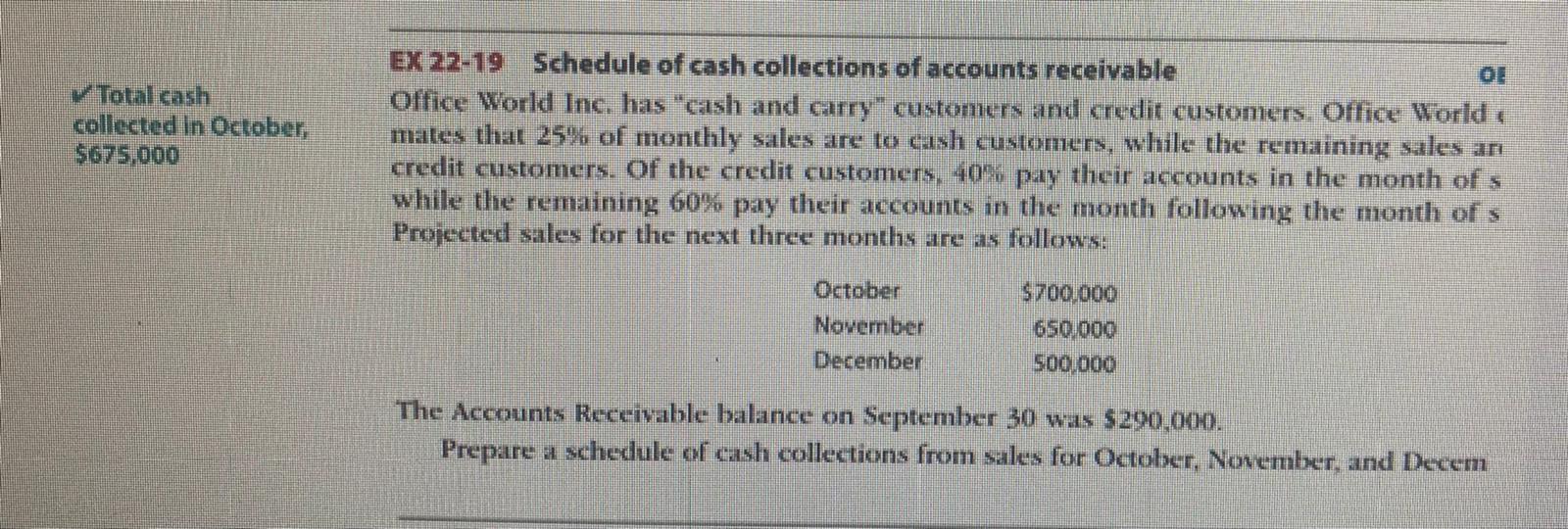 Total cash collected in October, $675,000 EX 22-19 | Chegg.com