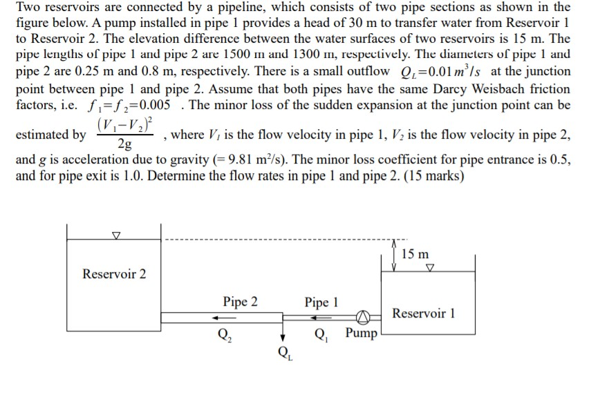 Solved Two Reservoirs Are Connected By A Pipeline, Which | Chegg.com