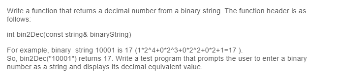 Solved Write a function that returns a decimal number from a | Chegg.com