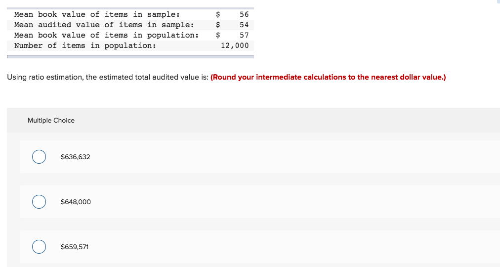 Solved Mean Book Value Of Items In Sample: Mean Audited | Chegg.com