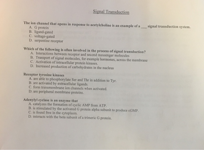Solved Signal Transduction The ion channel that opens in | Chegg.com