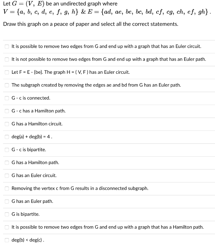 Solved Let G = (V, E) be an undirected graph where V = {a, | Chegg.com