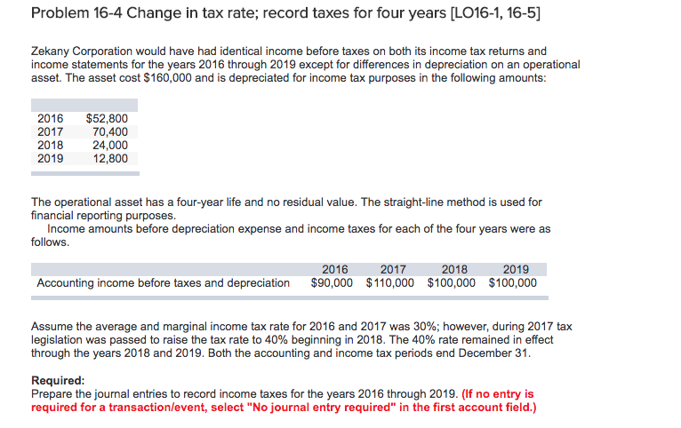 Solved Problem 16-4 Change in tax rate; record taxes for | Chegg.com