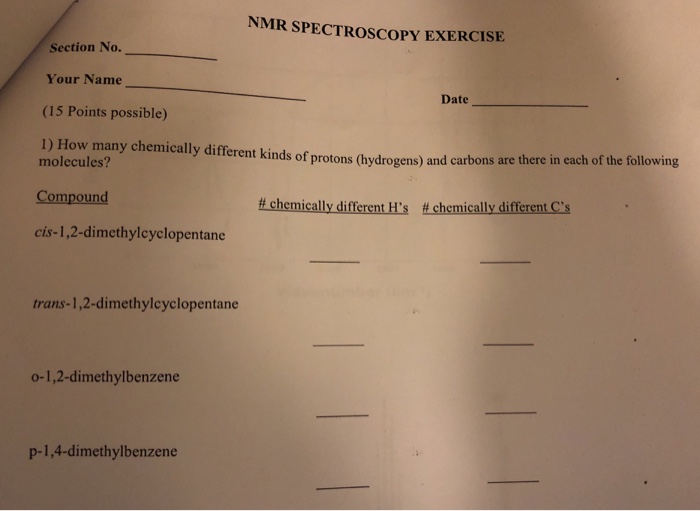 Solved NMR SPECTROSCOPY EXERCISE Section No. Your Name (15