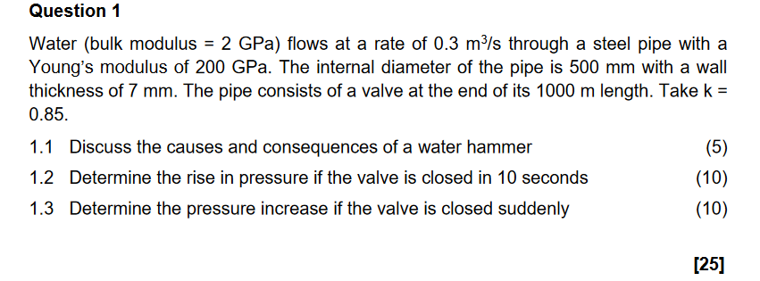 Solved Question 1 Water Bulk Modulus 2 Gpa Flows At A Chegg Com