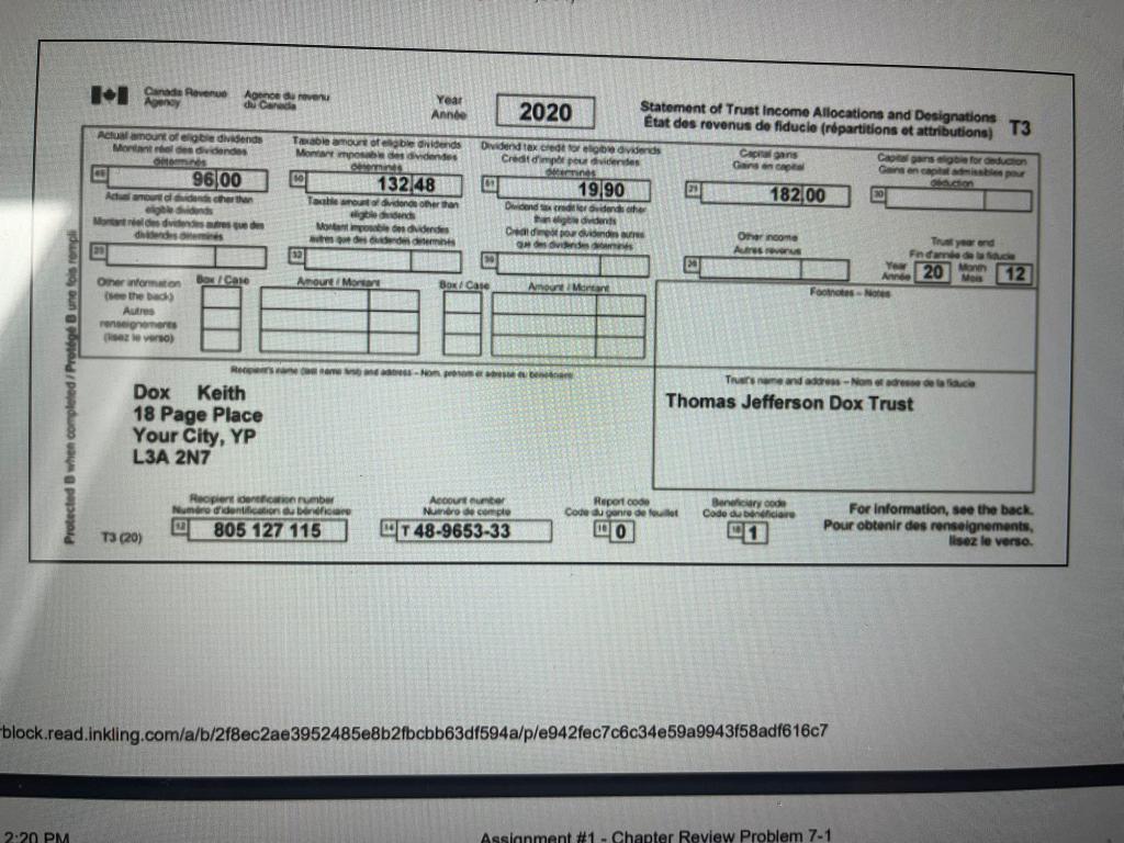 Taxpayer #1 Name: SIN: DOB: Marital status: Address: | Chegg.com