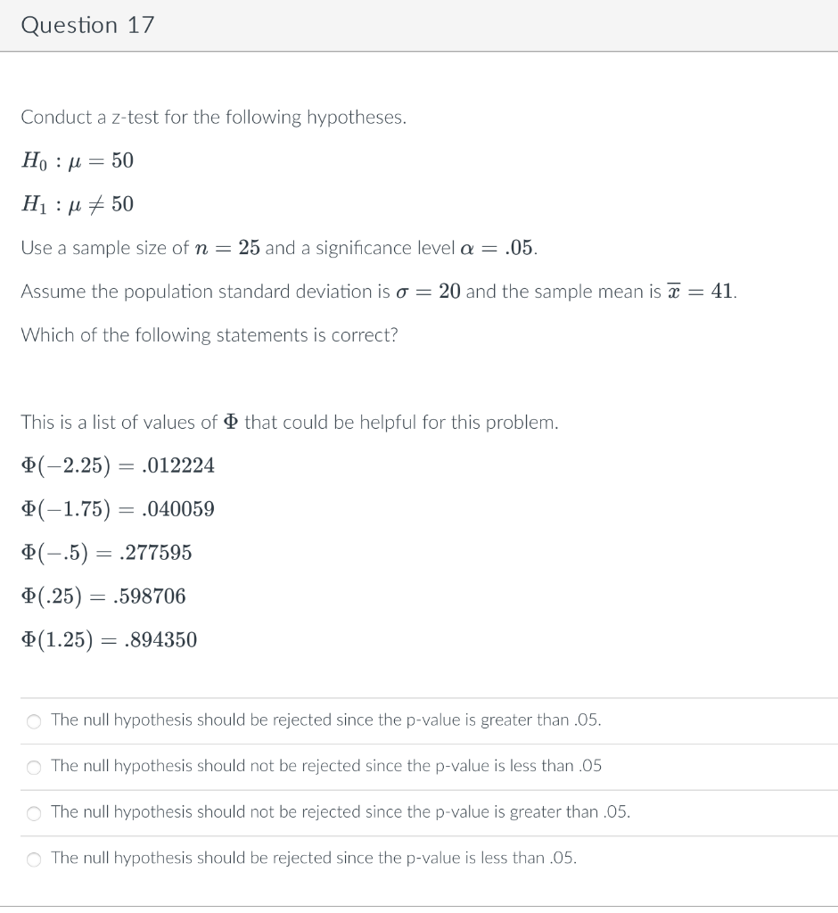 Solved Question 17 Conduct a z-test for the following | Chegg.com