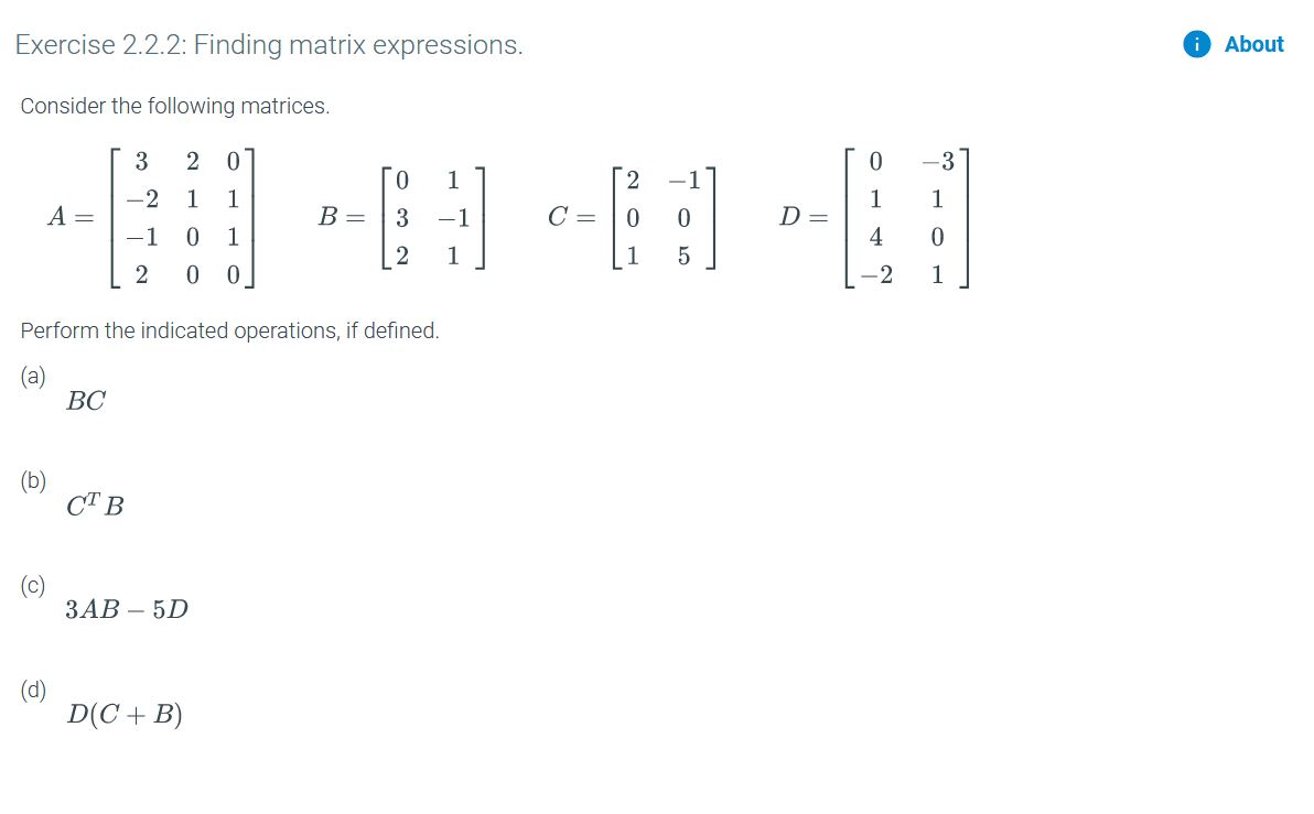 Solved Exercise 2.2.2: Finding matrix expressions. i About | Chegg.com