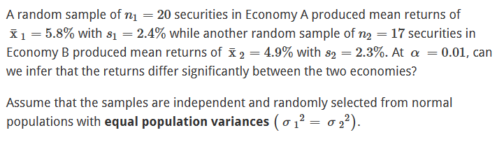 Solved A Random Sample Of N1=20 Securities In Economy A | Chegg.com