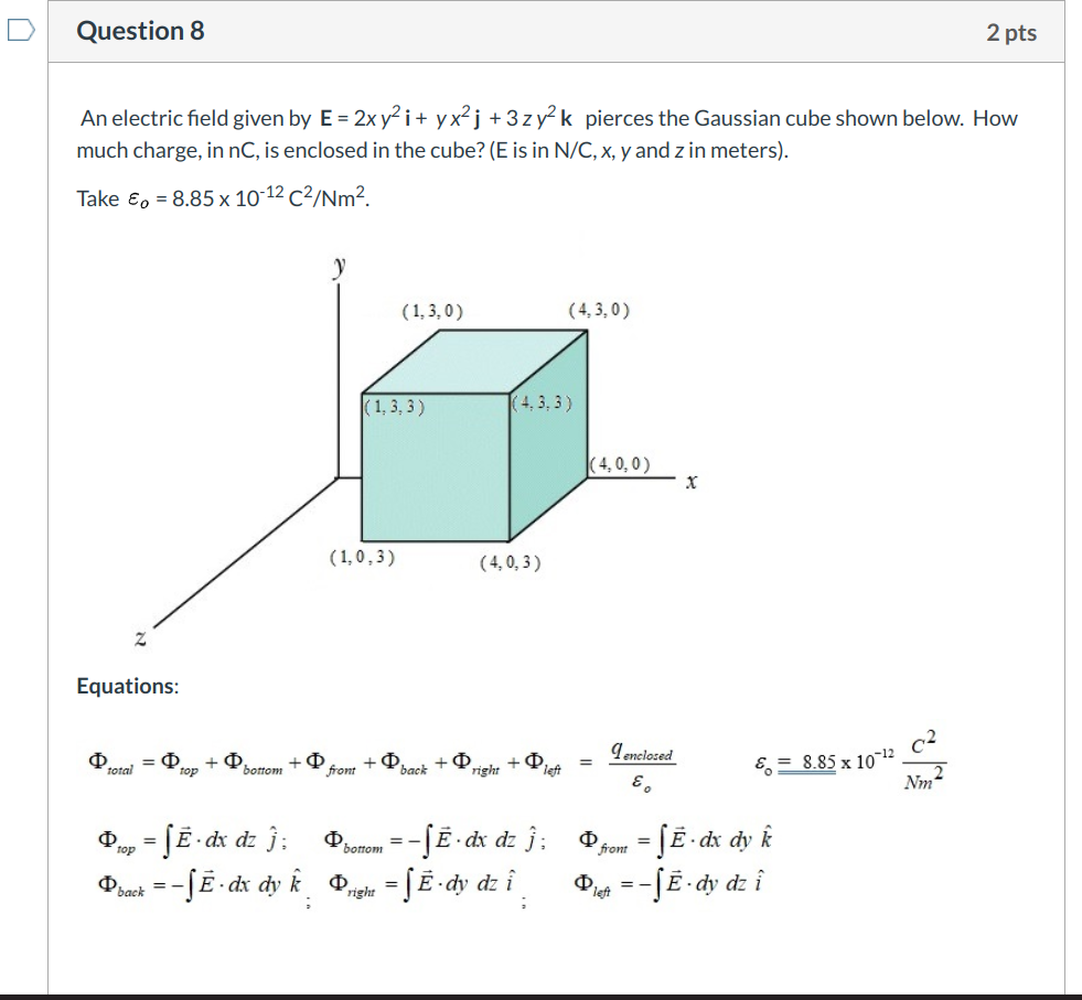 Solved Question 8 2 pts An electric field given by E = 2x y2 | Chegg.com