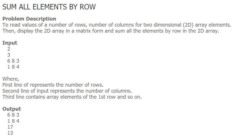 Solved SUM ALL ELEMENTS BY ROW Problem Description To read Chegg