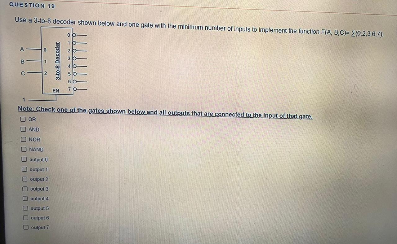 Solved QUESTION 19 Use a 3-to-8 decoder shown below and one | Chegg.com