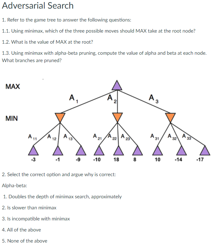 Solved Adversarial Search 1. Refer to the game tree to | Chegg.com