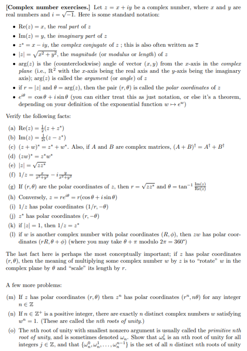 Solved Complex number exercises.] Let z = + iy be a complex | Chegg.com