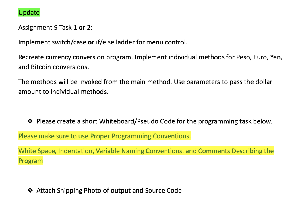 Solved Update Assignment 9 Task 1 or 2: Implement | Chegg.com