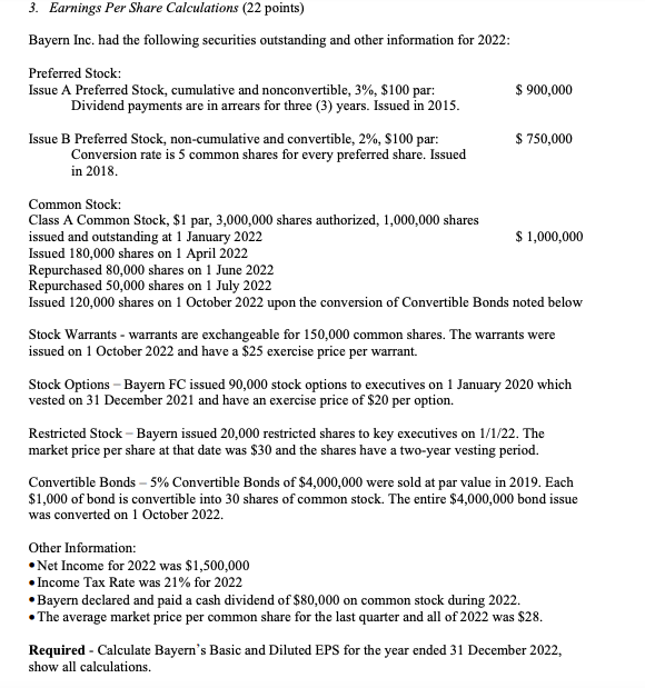 Solved 3. Earnings Per Share Calculations ( 22 points) | Chegg.com