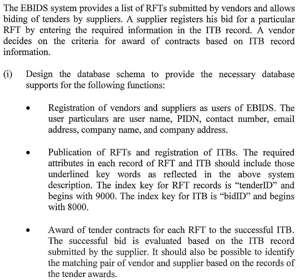 Tips Ebid System The EBIDS system provides a list of RFTs submitted by | Chegg.com