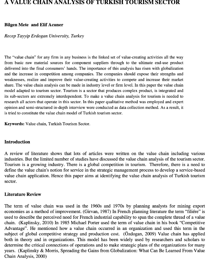 Solved A VALUE CHAIN ANALYSIS OF TURKISH TOURISM SECTOR Chegg