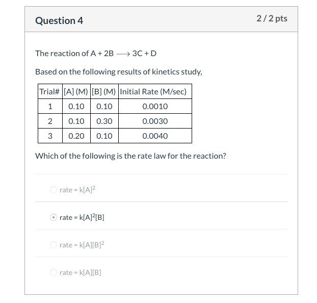 Solved Question 4 2/2 pts The reaction of A + 2B 3C+D Based | Chegg.com