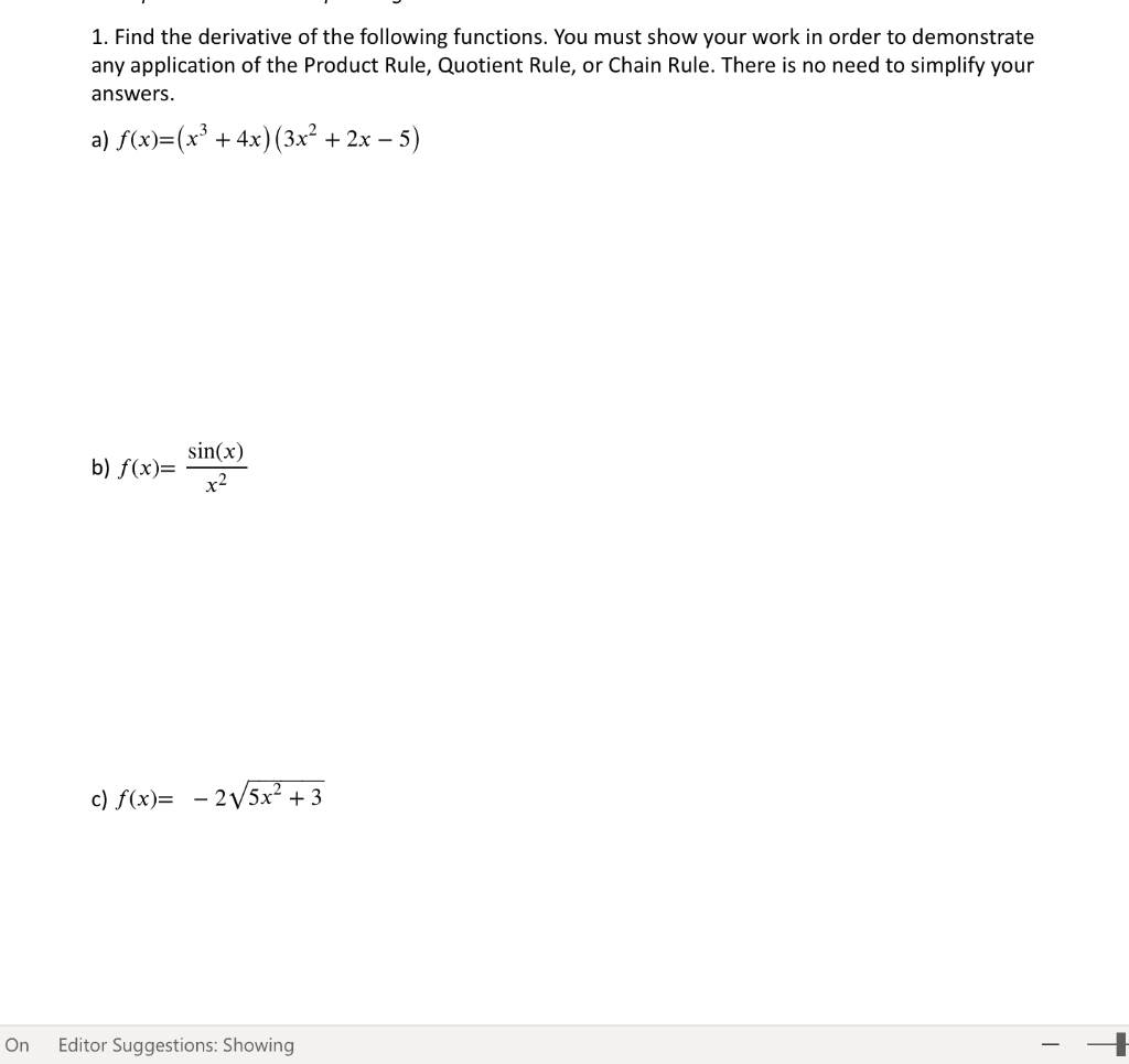 Solved 1. Find the derivative of the following functions. | Chegg.com