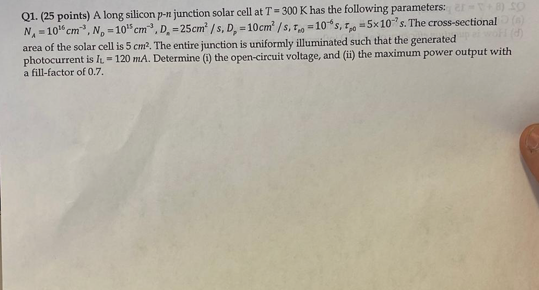 Solved Q1. (25 points) A long silicon p-n junction solar | Chegg.com