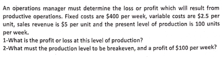 Solved An operations manager must determine the loss or | Chegg.com