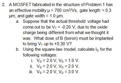 Solved A MOSFET Fabricated In The Structure Of Problem 1 Has | Chegg.com