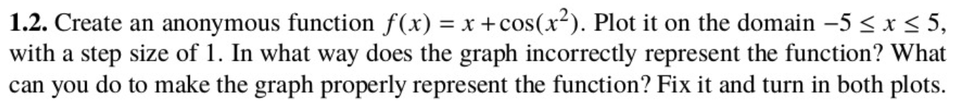Solved 1.2. Create an anonymous function f(x) = x + cos(x²). | Chegg.com