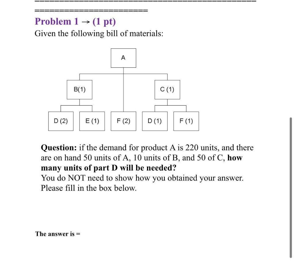 Solved Problem 1 → (1 Pt) Given The Following Bill Of | Chegg.com