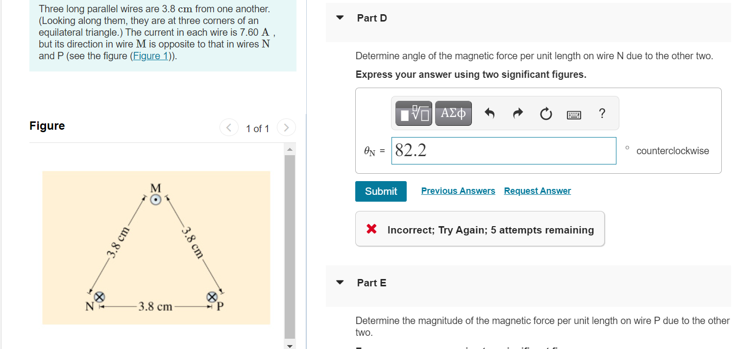 Solved Constants Part B Three Long Parallel Wires Are 3.8 Cm | Chegg.com