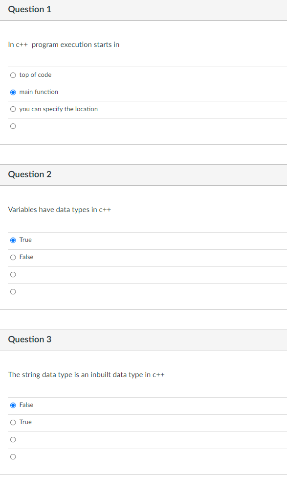 Solved Question 1 In C++ program execution starts in O top | Chegg.com