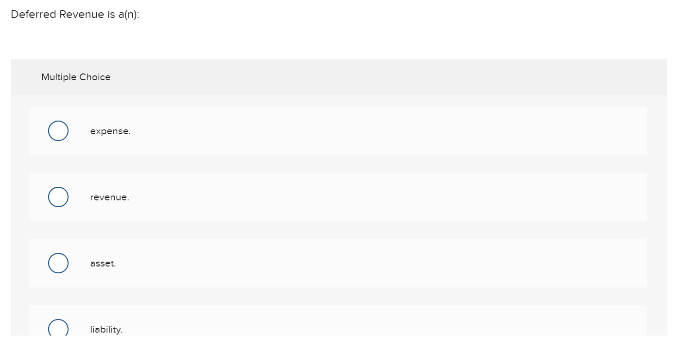 Solved Deferred Revenue is a(n): Multiple Choice o expense. | Chegg.com