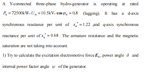 Solved A Y-connected three-phase hydro-generator is | Chegg.com