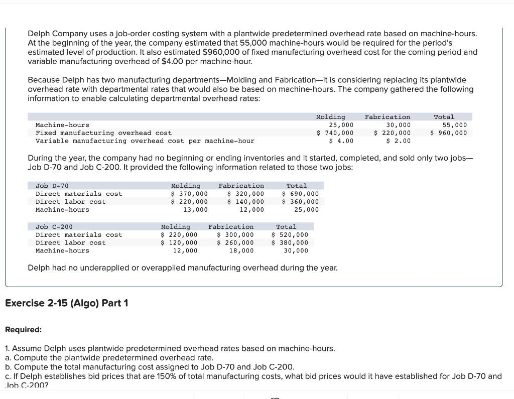 Delph Company uses a job-order costing system with a | Chegg.com