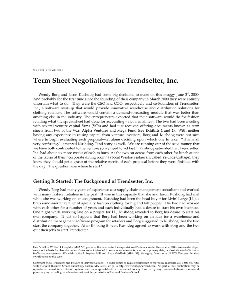 term sheet negotiations for trendsetter inc