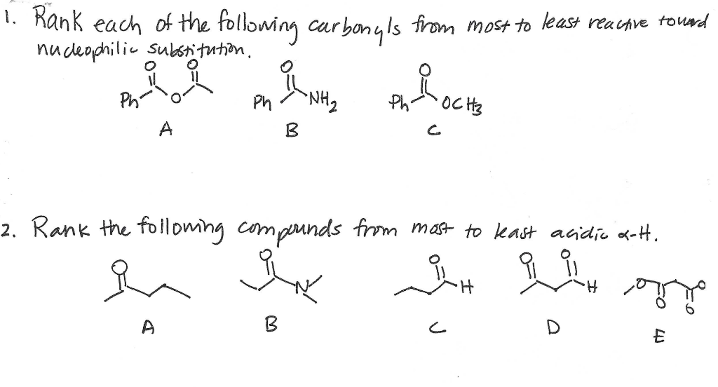 Solved 1. Rank each of the following carbonyls from most to | Chegg.com