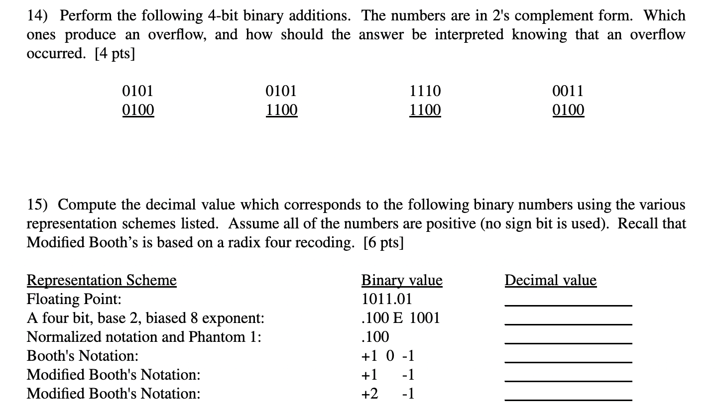 14) Perform the following 4-bit binary additions. The numbers are in 2 s complement form. Which ones produce an overflow, an