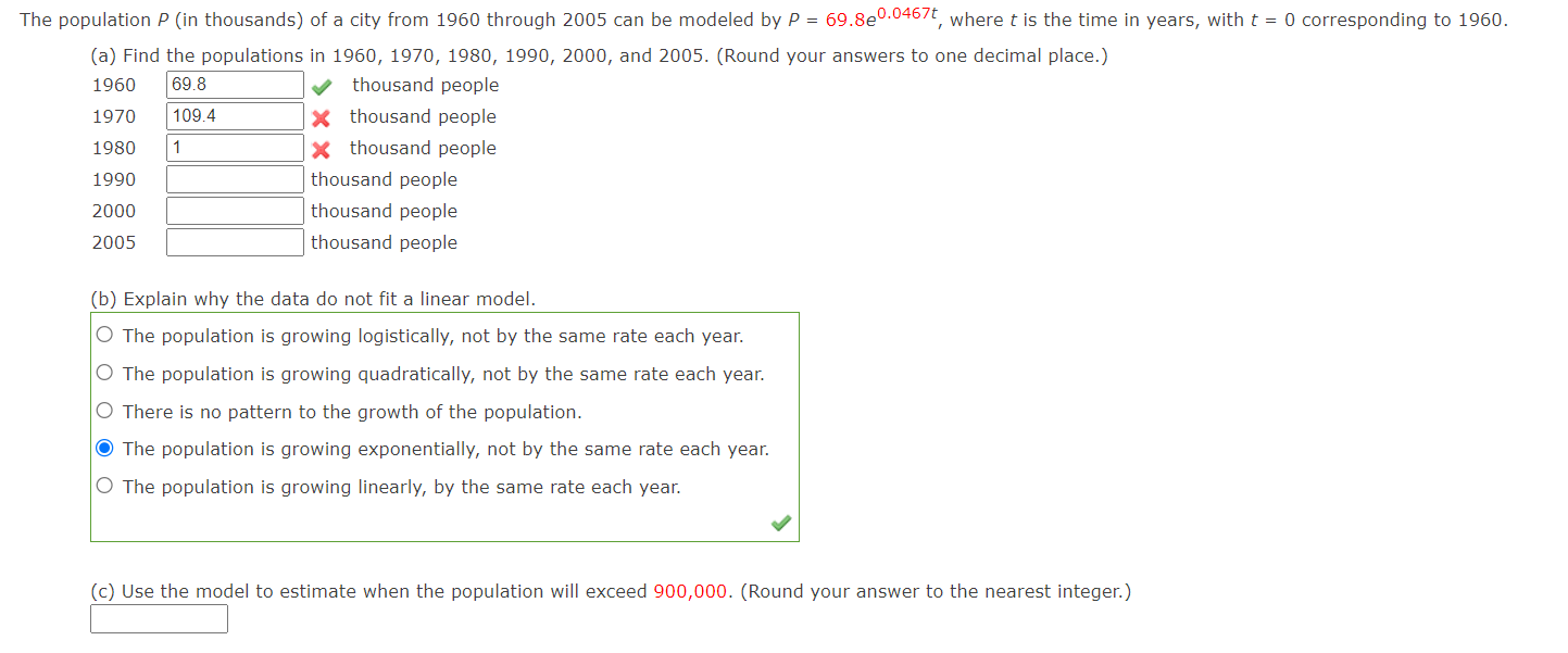 Solved The population P (in thousands) of a city from 1960 | Chegg.com