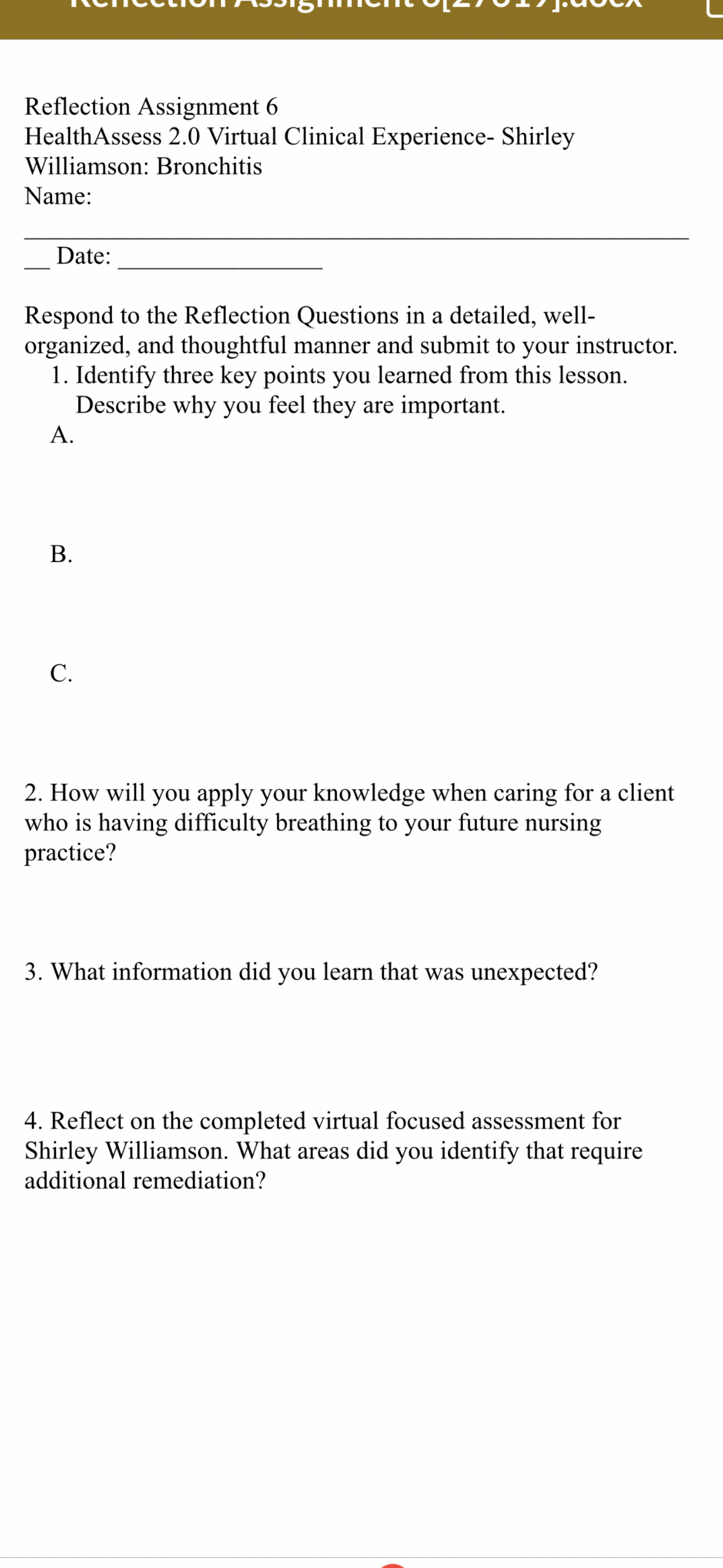 Solved Reflection Assignment 6 HealthAssess 2.0 Virtual | Chegg.com