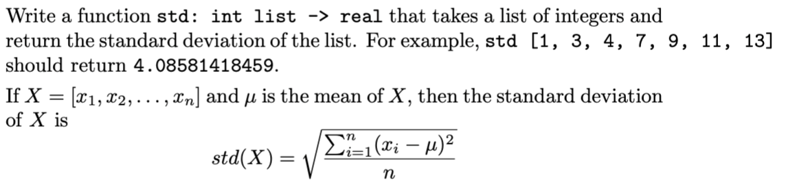 Solved Write a function std: int list → real that takes a | Chegg.com