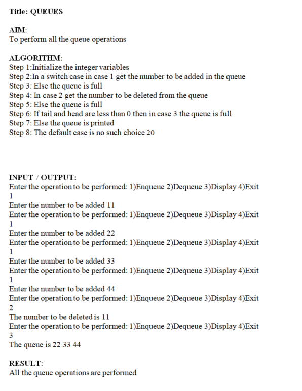 Solved Title: QUEUES AIM: To perform all the queue | Chegg.com
