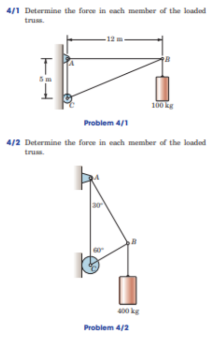 4/1 Determine the force in each member of the loaded
truss.
-12 m
B
sm
T
I
100 kg
Problem 4/1
4/2 Determine the force in each