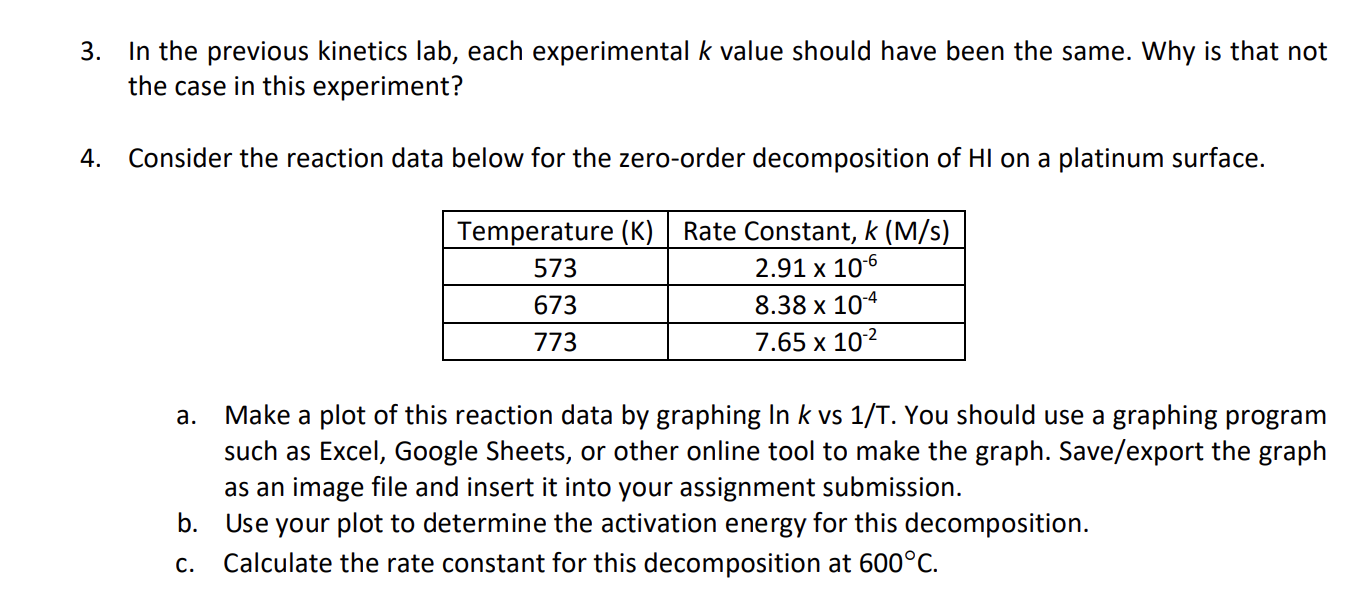 3. In The Previous Kinetics Lab, Each Experimental K | Chegg.com