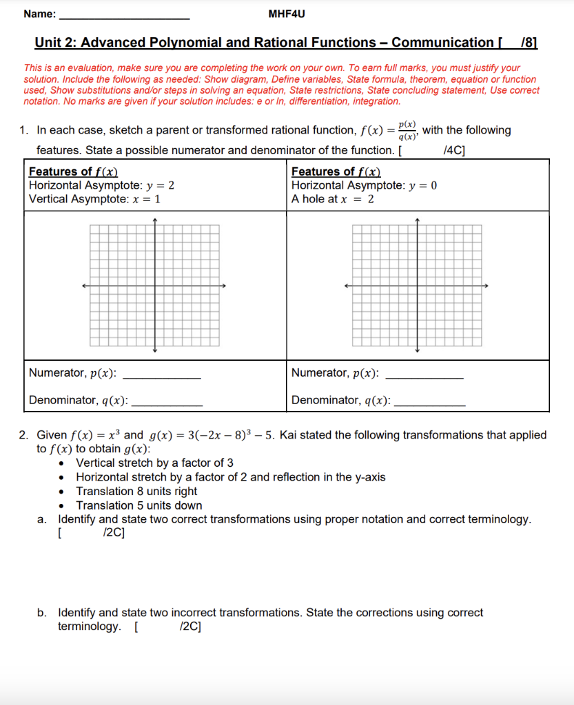 Solved Unit 2: Advanced Polynomial and Rational Functions - | Chegg.com