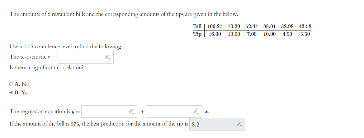 Solved The amounts of 6 ﻿restaurant bills and the | Chegg.com